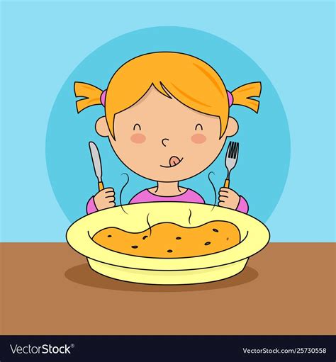 Girl Eating With Fork And Knife In Her Hand And A Plate In Front