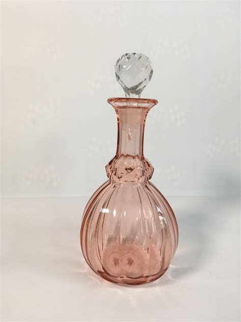 Vintage Heavy Pink Glass Decanter W Clear Faceted Crystal Stopper Retro Barware Ribbed Decanter