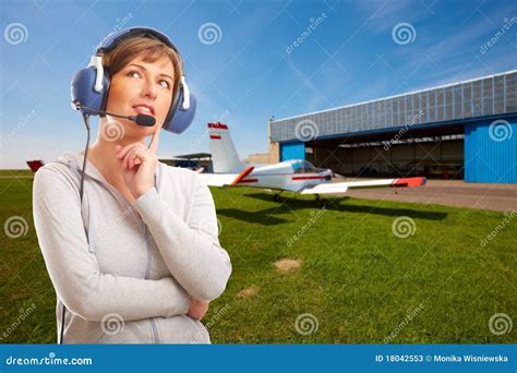 Pilot With Headset Outside Stock Image Image Of Female 18042553