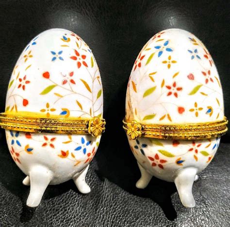 Set Of Two Vintage Porcelain Easter Egg Jewelry Box Trinket Etsy