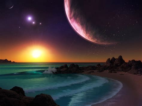 Wallpaper Planet Sea Surf Sunset Art Rocks Hd Widescreen High