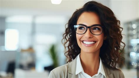 Premium Photo Joyful Woman With A Radiant Smile Adjusting Her Round Eyeglasses In Office Or A