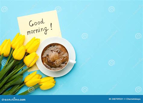 Cup Of Aromatic Coffee Beautiful Yellow Tulips And Good Morning Note