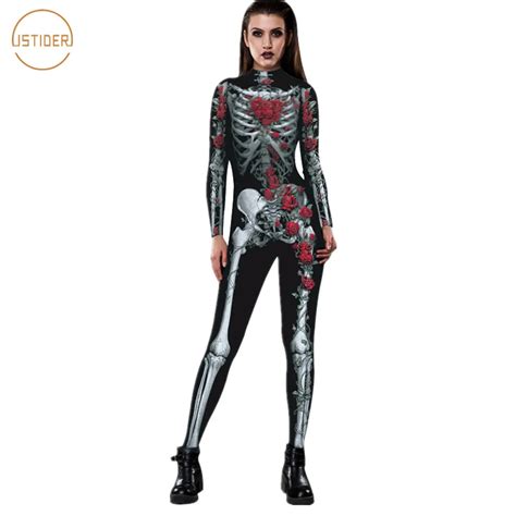 Istider Adult Skeleton Halloween Black Bodysuit Women 3d Skulls Roses Rompers Womens Jumpsuit