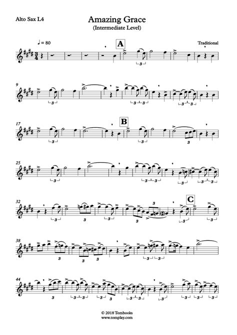 Amazing Grace Intermediate Level Alto Sax Traditional Saxophone Sheet Music