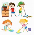 Four kids doing different chores at home 370459 Vector Art at Vecteezy