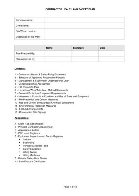 And safety plan c compass c tape measure c survey stakes or flags c camera and film c stainless steel, plastic, or other appropriate. FREE 16+ Construction Safety Plan Templates in PDF | MS Word