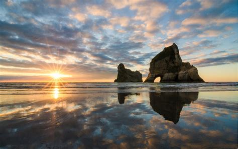 Wallpaper Sunlight Sunset Sea Bay Rock Nature Shore Reflection