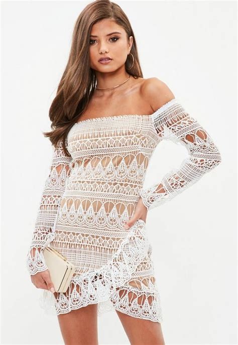 White Lace Bodycon Mini Dress With Beige Under Layer Long Sleeves And Bardot Elasticated Neck