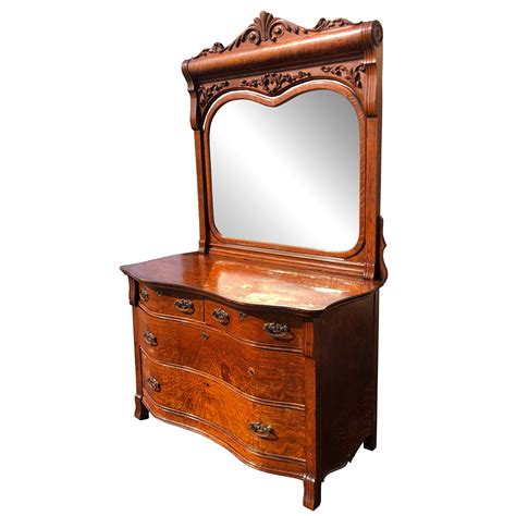 Antique Monumental Victorian Quartersawn Oak Carved Mirror Dresser