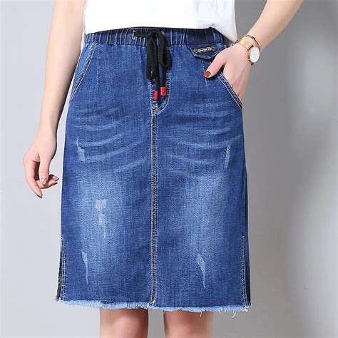 Cotton Blend Denim Straight Skirts For Women Empire Ealstic Waist Plus