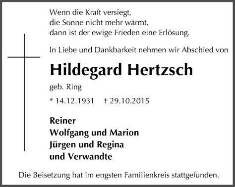 Traueranzeigen Von Hildegard Hertzsch Trauer In NRW De