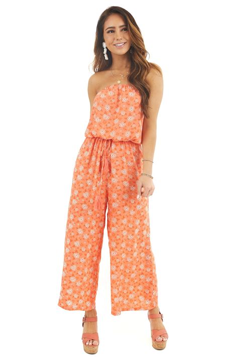 Coral Floral Print Strapless Jumpsuit With Drawstring Waist Strapless