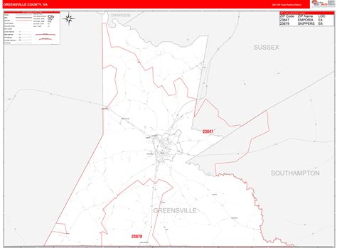 Greensville County Va Zip Code Wall Map Red Line Style By Marketmaps