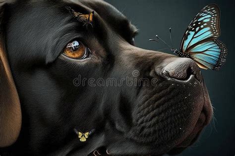 Dog With Giant Butterfly On Nose Illustration Generative Ai Stock