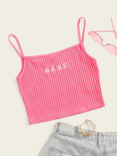 Shein Letter Embroidery Rib Knit Cami Top Crop Top Outfits Cute