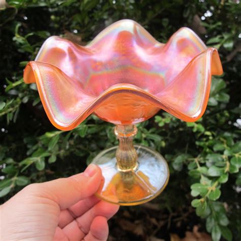Antique Fenton Vaseline Orange Tree Carnival Glass Compote Carnival Glass