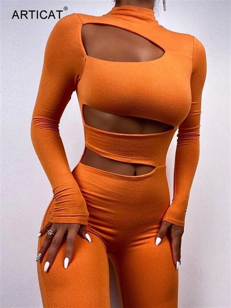 Articat Turtleneck Hollow Out Jumpsuit Women Sexy Slim Long Sleeve Casual Female Clubwear 2022