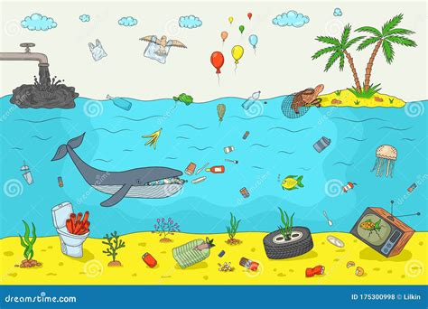 Ocean Pollution Concept Hand Drawn Illustration Stock Vector