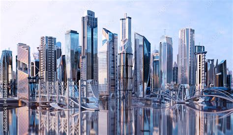 Future City Skyline Panorama 3d Scene Futuristic Cityscape Concept