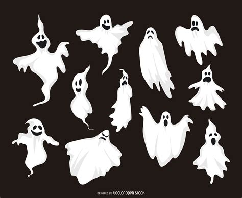 set of 11 ghost illustrations featuring ghosts with different expressions and shapes