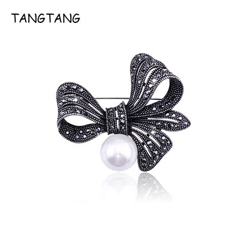 vintage black color rhinestone bow brooches for women large bowknot brooch pin vintage fashion