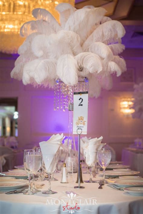 White Ostrich Feather With Crystal Chandelier Centerpieces By Amore