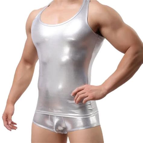Men S Fashion Sexy Faux Leather Tight Vest Comfortable Round Neck Tank