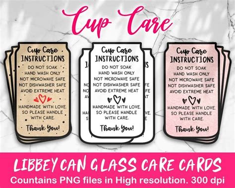 Libbey Glass Can Cup Care Card Instruction Png Ready To Print Etsy