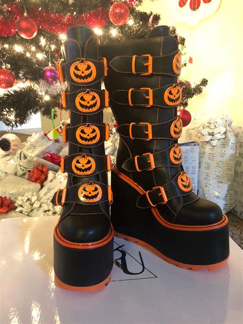 Yru Pumpkin Jack O Lantern Platform Boots Halloween Goth Etsy