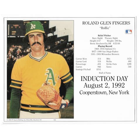 Rollie Fingers Oakland Athletics 1992 Hall Of Fame Induction 8x10 Photocard
