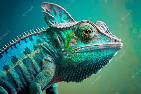Premium Photo Closeup Face Of A Green Chameleon On Blur Background
