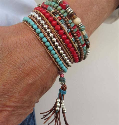 Leather Wrap Bracelet For Women Bohemian Jewelry Turquoise Beaded