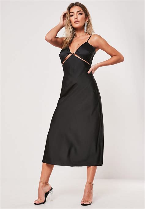 Black Satin Cut Out Cami Midi Slip Dress Missguided