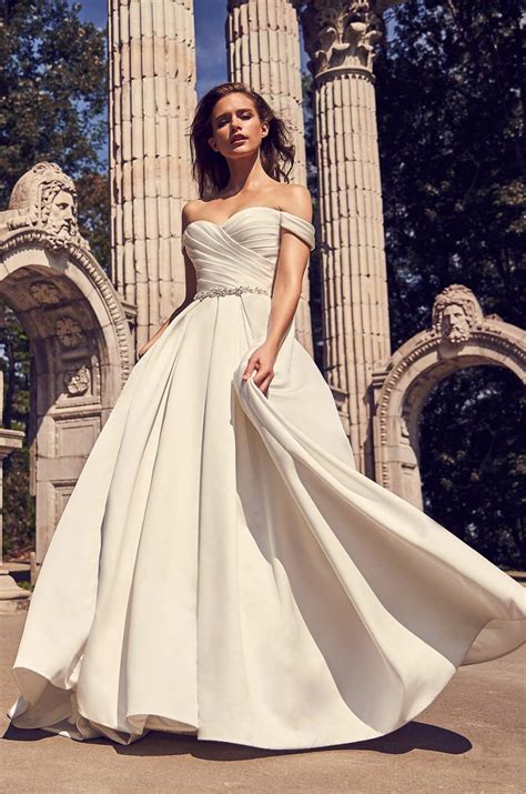 Off The Shoulder Satin Ball Gown With Pleated Bodice Beaded Belt And