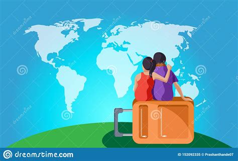 Travelling Couple Sitting On Bag And Looking World Map Stock