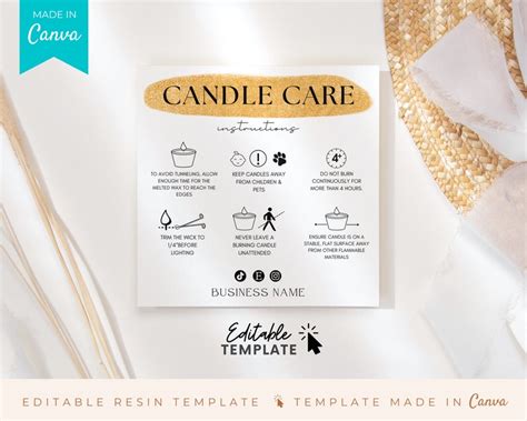 Editable Candle Care Card Customizable Candle Card Template Etsy