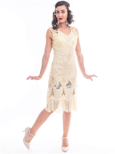 1920s Cream And Gold Beaded Lola Gatsby Dress Flapper Boutique