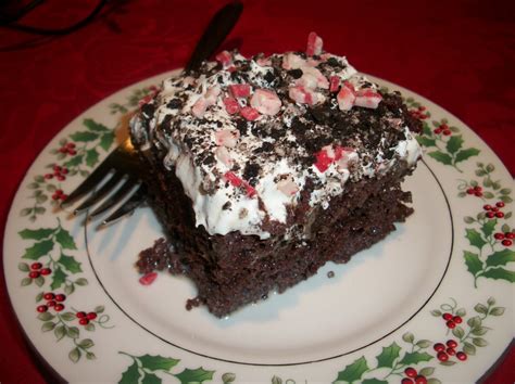 Poke holes in a white cake, pour fruit flavored gelatin over that, then top it off with cherry pie filling and whipped topping. Cook with Sara: Chocolate Peppermint Poke Cake