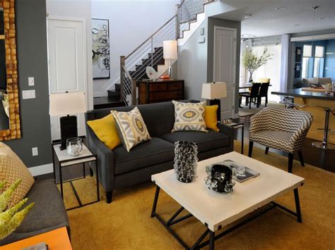 Fun Living Room With A Yellow And Charcoal Palette Hgtv