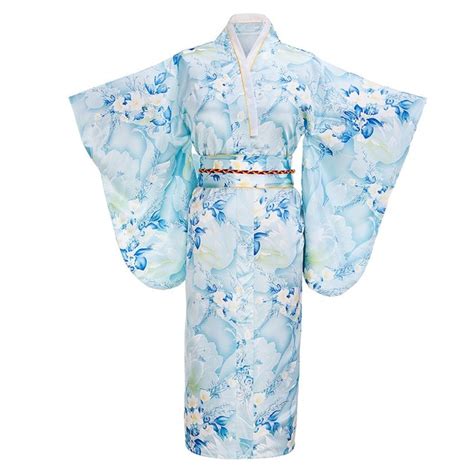 Light Blue Fashion Japanese Women Tradition Yukata Silk Rayon Kimono With Obi Flower Vintage