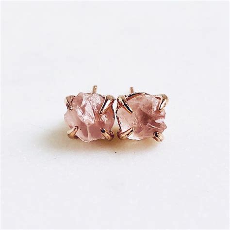 Raw Rose Quartz Stud Earrings In Rose Gold Crystal Of A Kind Raw
