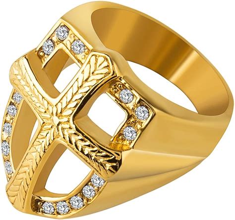 Hzman Mens Knights Templar Red Cross Ring 18k Real Gold Plated Cz Inlay