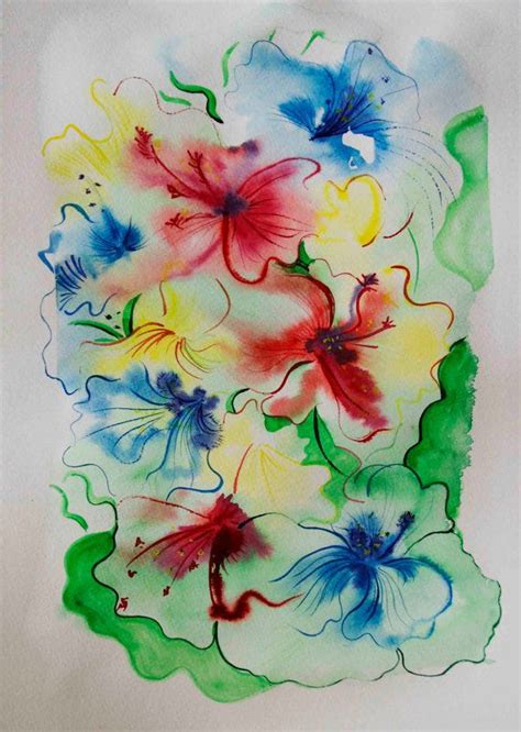 Red Yellow And Blue Flowers Original Watercolor By Aquaticplants 81