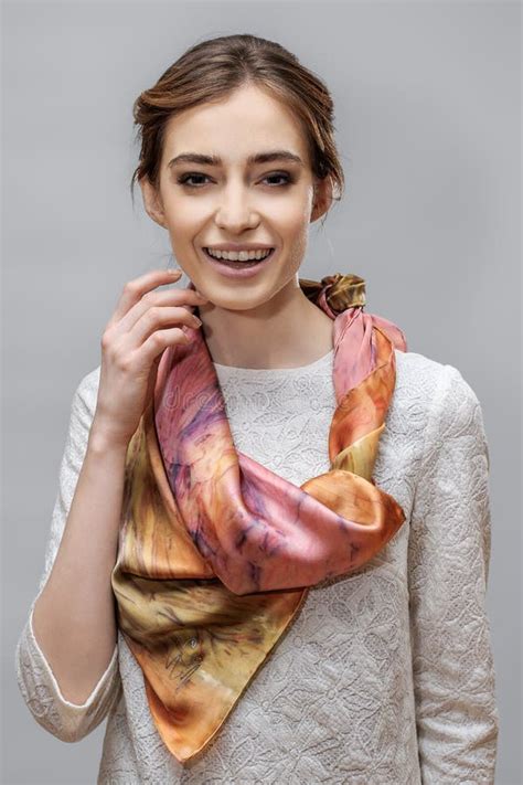 Beautiful Fashion Model Posing With Colorful Silk Scarf Stock Image