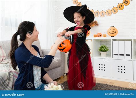 Little Cute Girl Play Trick Or Treat Stock Photo Image Of Portrait