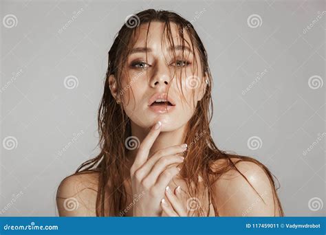 Portrait Of Topless Girl With Weapon And American Flag Stock Image 63776797