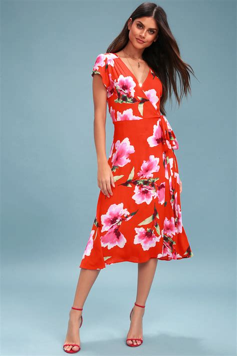 lovely coral red dress floral print wrap midi dress lulus