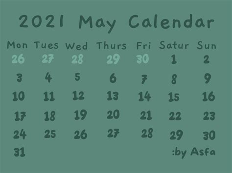Aesthetic Green May Calendar 2021 Di 2021