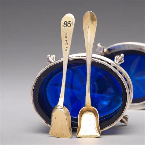 A Pair Of Swedish 18th Century Silver And Blue Glass Salt Cellars Mark